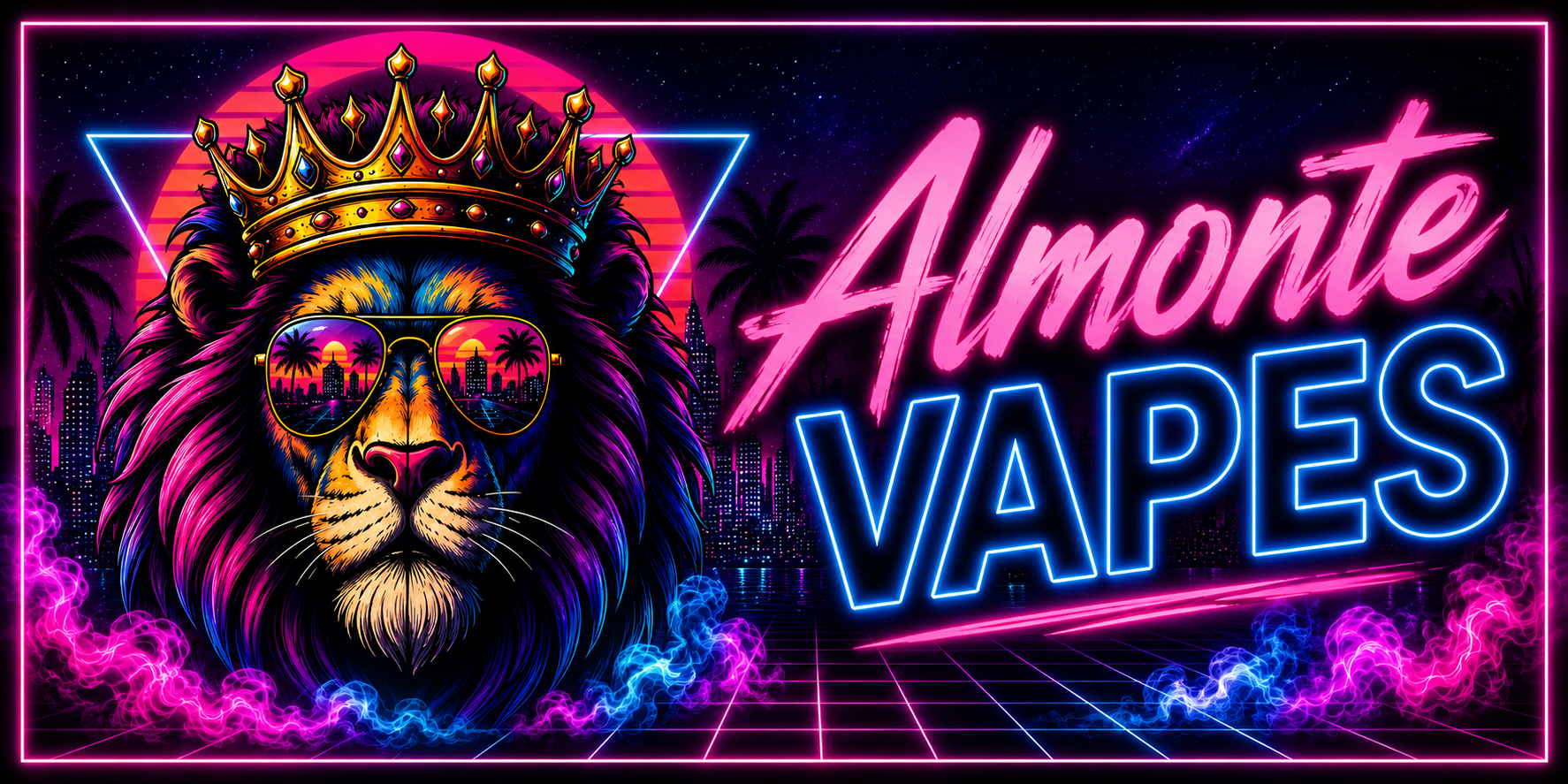 Almonte Vapes neon lion banner